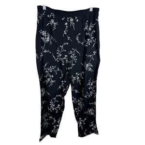Robbie Bee Vintage Black Linen Elastic Pants White Floral Embroidery Size 8